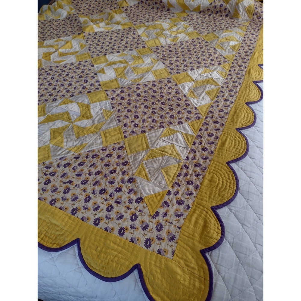 Vtg 30s WINDMILL QUILT Purple Yellow Floral Calico Scalloped Border Hand Quilted